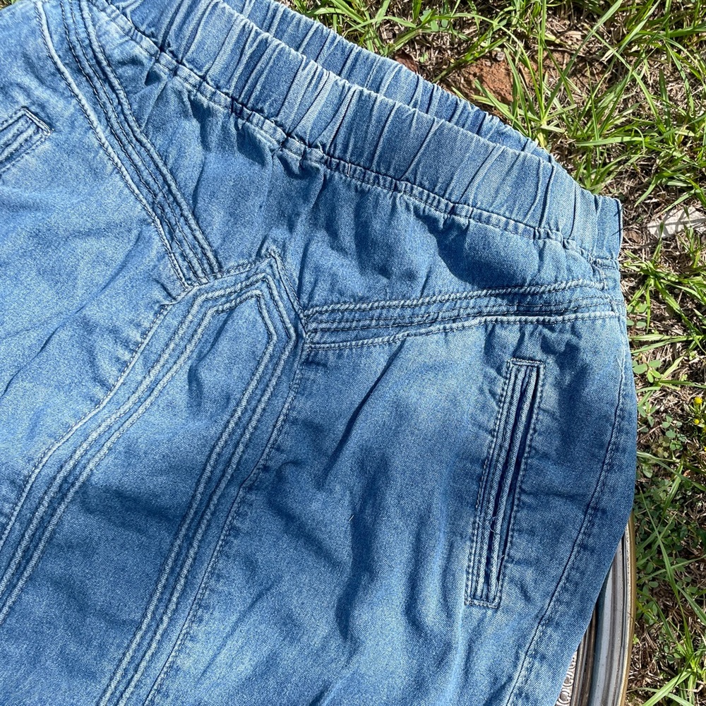 Vintage Ebossy Detailed Denim Jean Maxi Skirt With Pockets Elastic Waist Size L